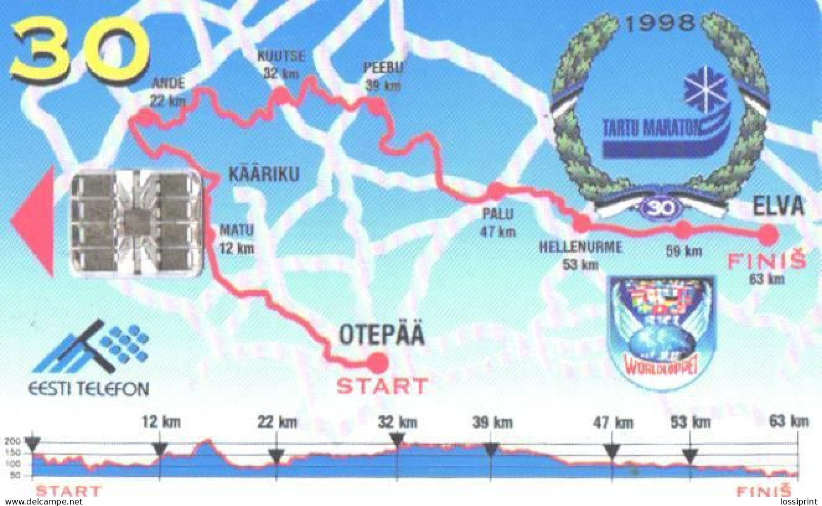 Estonia:Used Phonecard, Eesti Telefon, 30 EEK, Tartu Marathon, Skiing Competition, 1998 - Sport