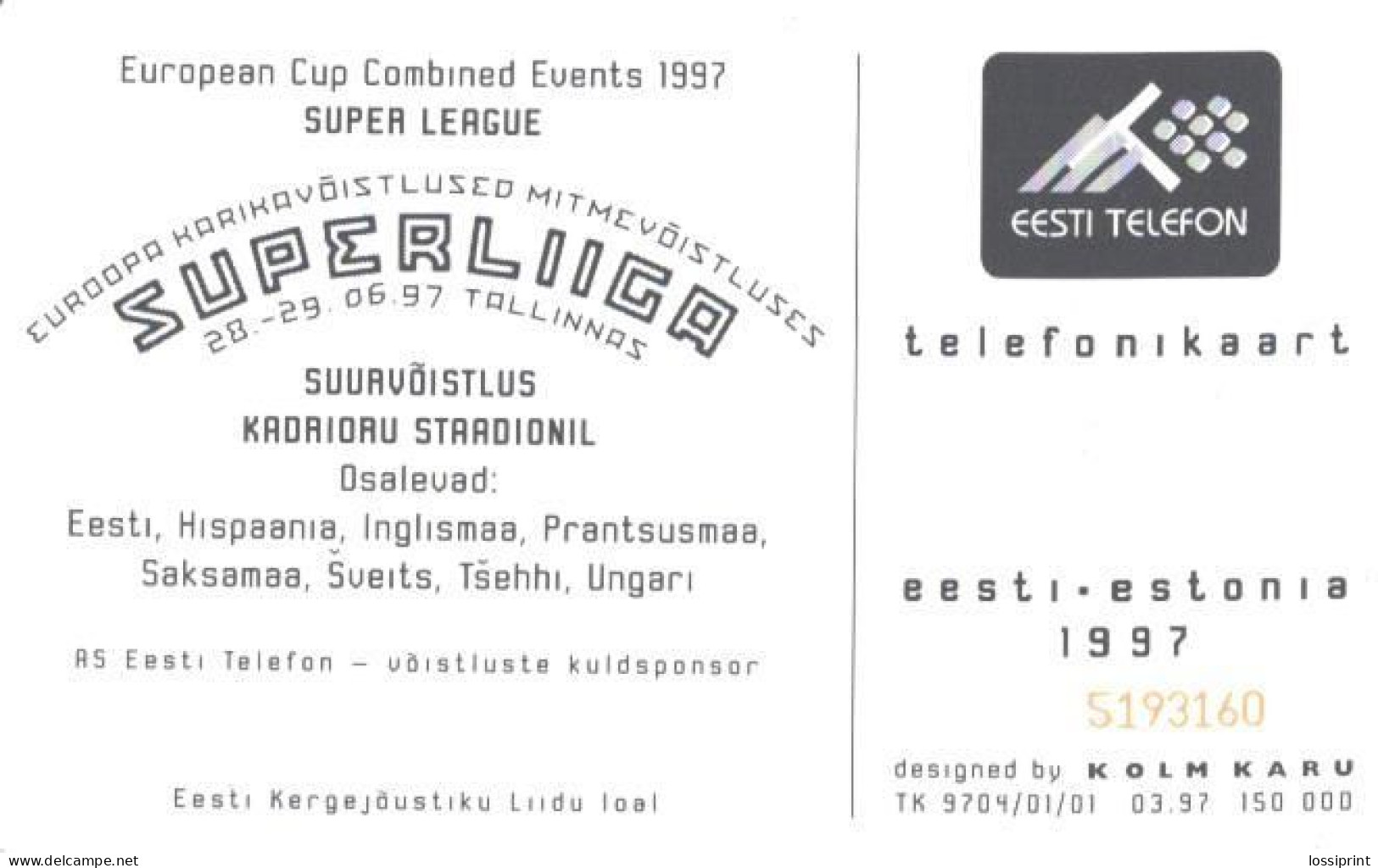 Estonia:Used Phonecard, Eesti Telefon, 30 EEK, Super League, Olympig Champion Erki Nool, Decathlon, 1997 - Sport