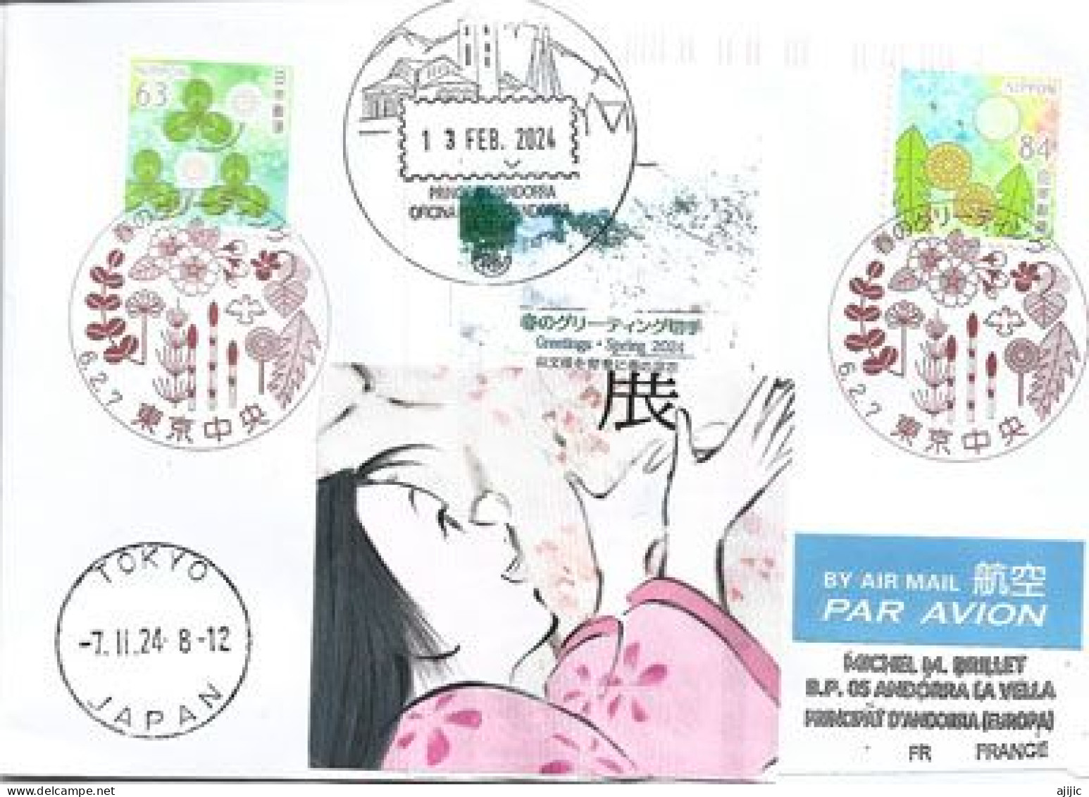 "Greetings Spring 2024", Letter From  Tokyo To Andorra , With Illustrated Arrival Postmark - Lettres & Documents