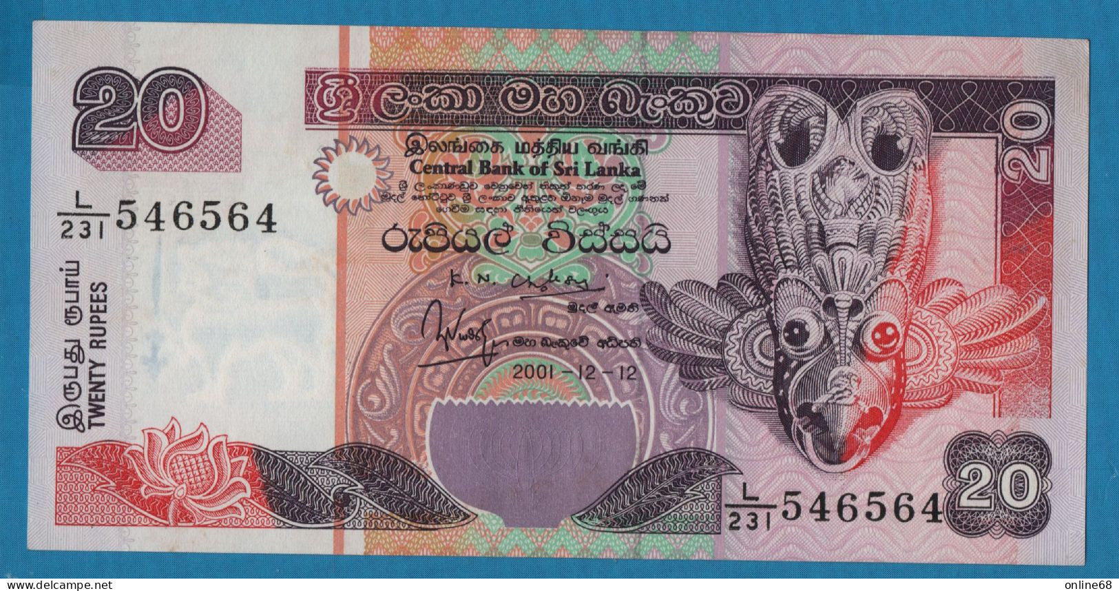 SRI LANKA 20 RUPEES 12.12.2001# L231 546564 P# 109b Bird Mask - Sri Lanka