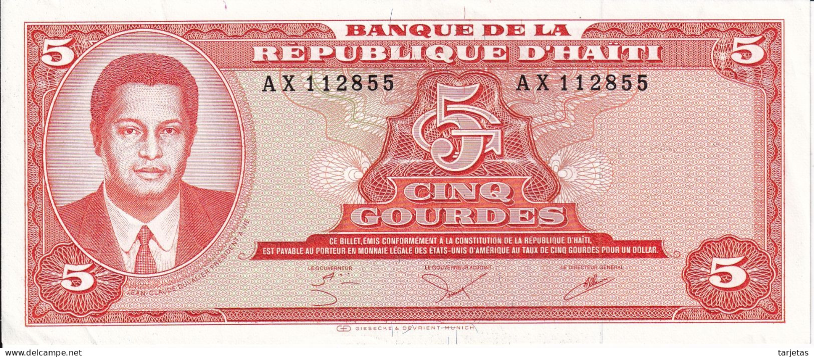 BILLETE DE HAITI DE 5 GOURDES DEL AÑO 1984 EN CALIDAD EBC (XF) (BANK NOTE) - Haiti