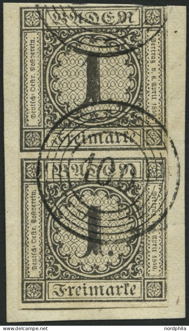 BADEN 5 Paar BrfStk, 1853, 1 Kr. Schwarz Im Senkrechten Paar, Nummernstempel 100 (NEUSTADT), Obere Marke Leicht Berührt  - Oblitérés