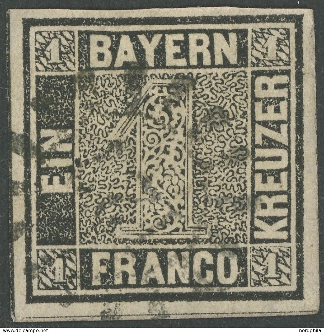 BAYERN 1Ia O, 1849, 1 Kr. Schwarz, Platte 1, Mühlradstempel 127, Minimale Knitterspuren Sonst Vollrandig, Pracht, Mehrfa - Oblitérés