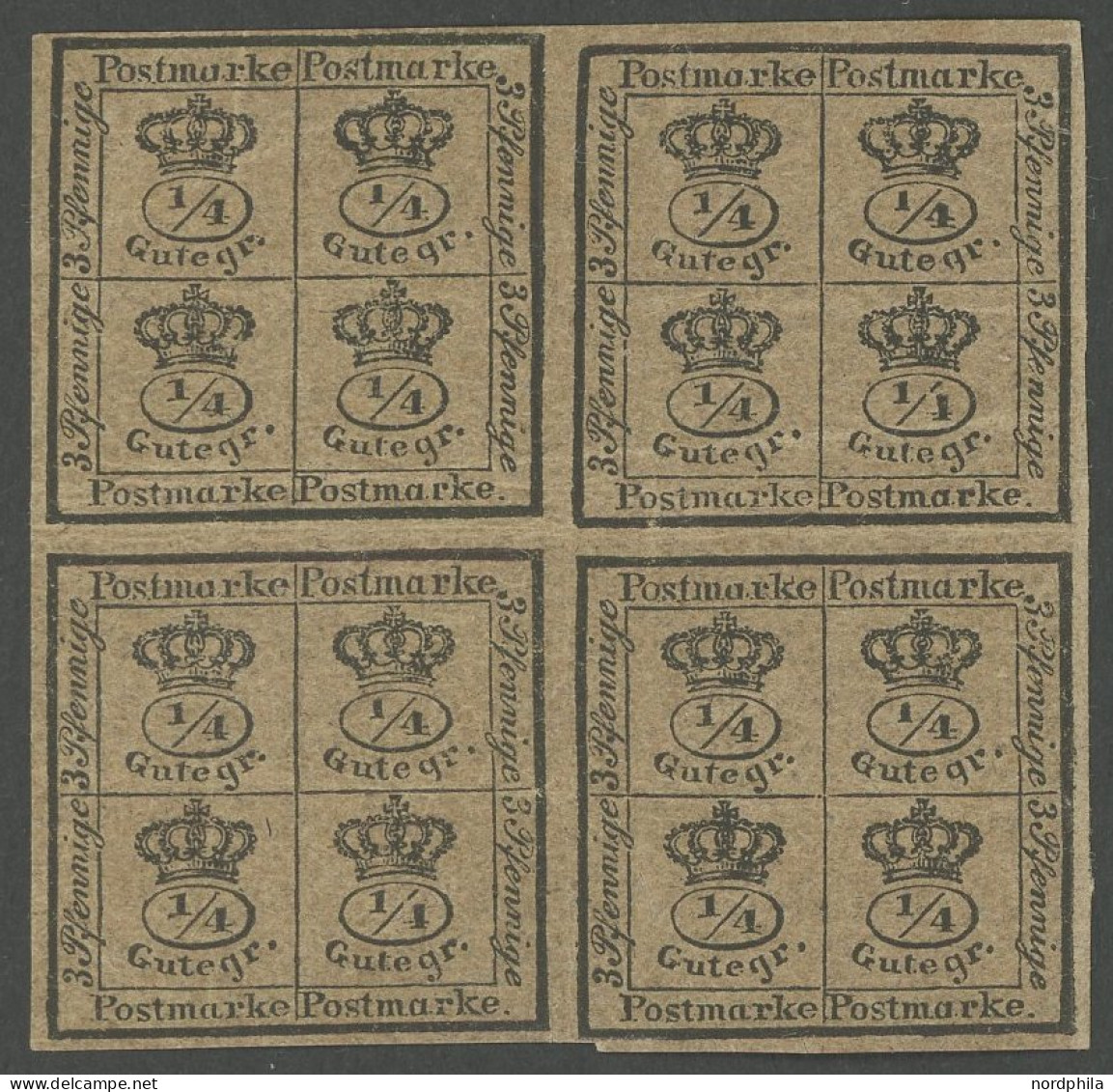 BRAUNSCHWEIG 9a VB , 1857, 4/4 Ggr. Schwarz Auf Graubraun Im Vollrandigen Viererblock, Leichte Knitterspuren, Pracht, Ku - Brunswick