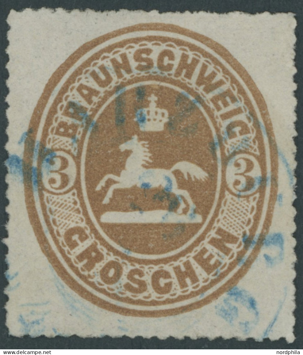 BRAUNSCHWEIG 20 O, 1865, 3 Gr. Orangebraun, Blauer K2 HARZBURG, Pracht, Gepr. Lange, Mi. 200.- - Brunswick