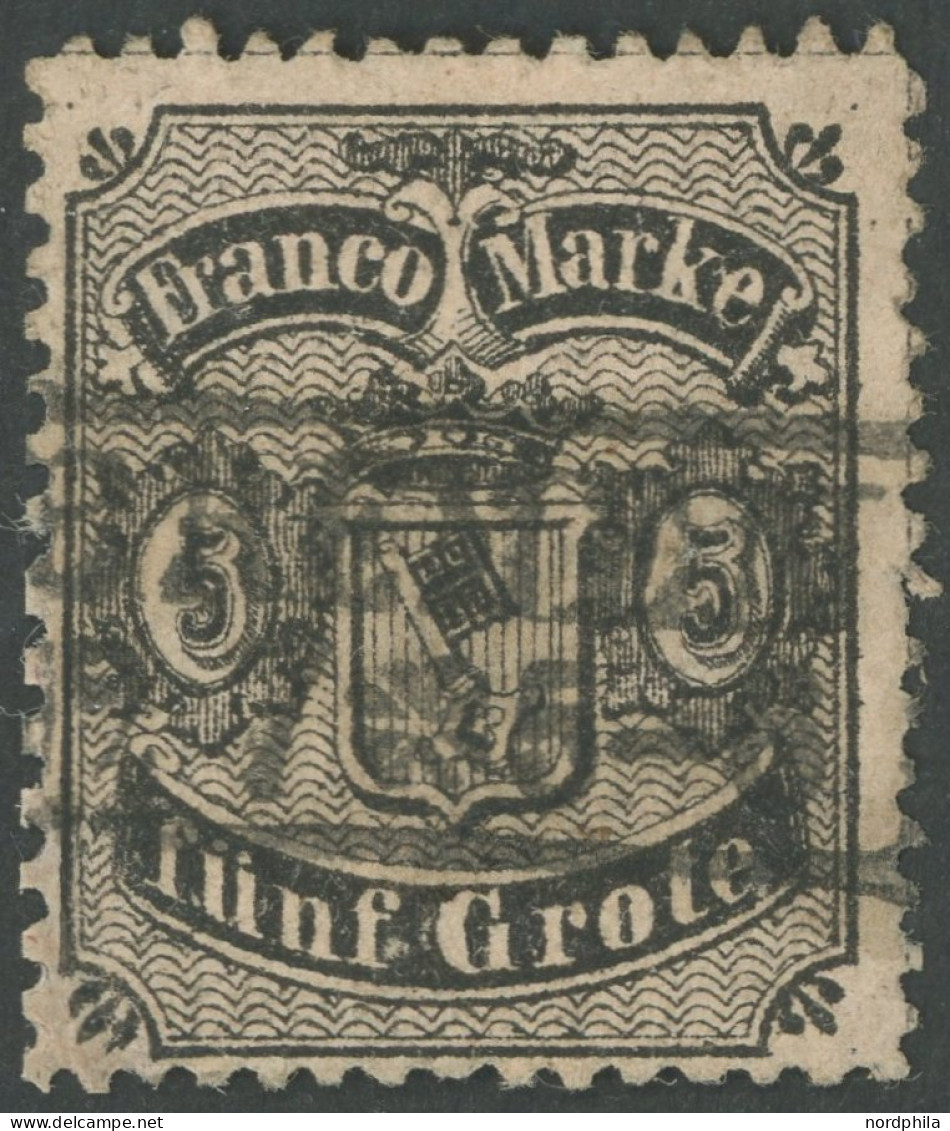 BREMEN 12 O, 1867, 5 Gr. Schwarz Auf Mattgraubraun, Feinst (Zähnung Teils Korrigiert), Mi. 400.- - Bremen