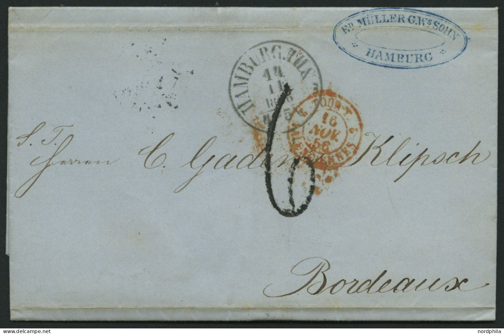 HAMBURG - THURN UND TAXISCHES O.P.A. 1856, HAMBURG TH & T., K1 Auf Brief Nach Bordeaux, L1 6, Rückseitig Durchgangsstemp - Prephilately