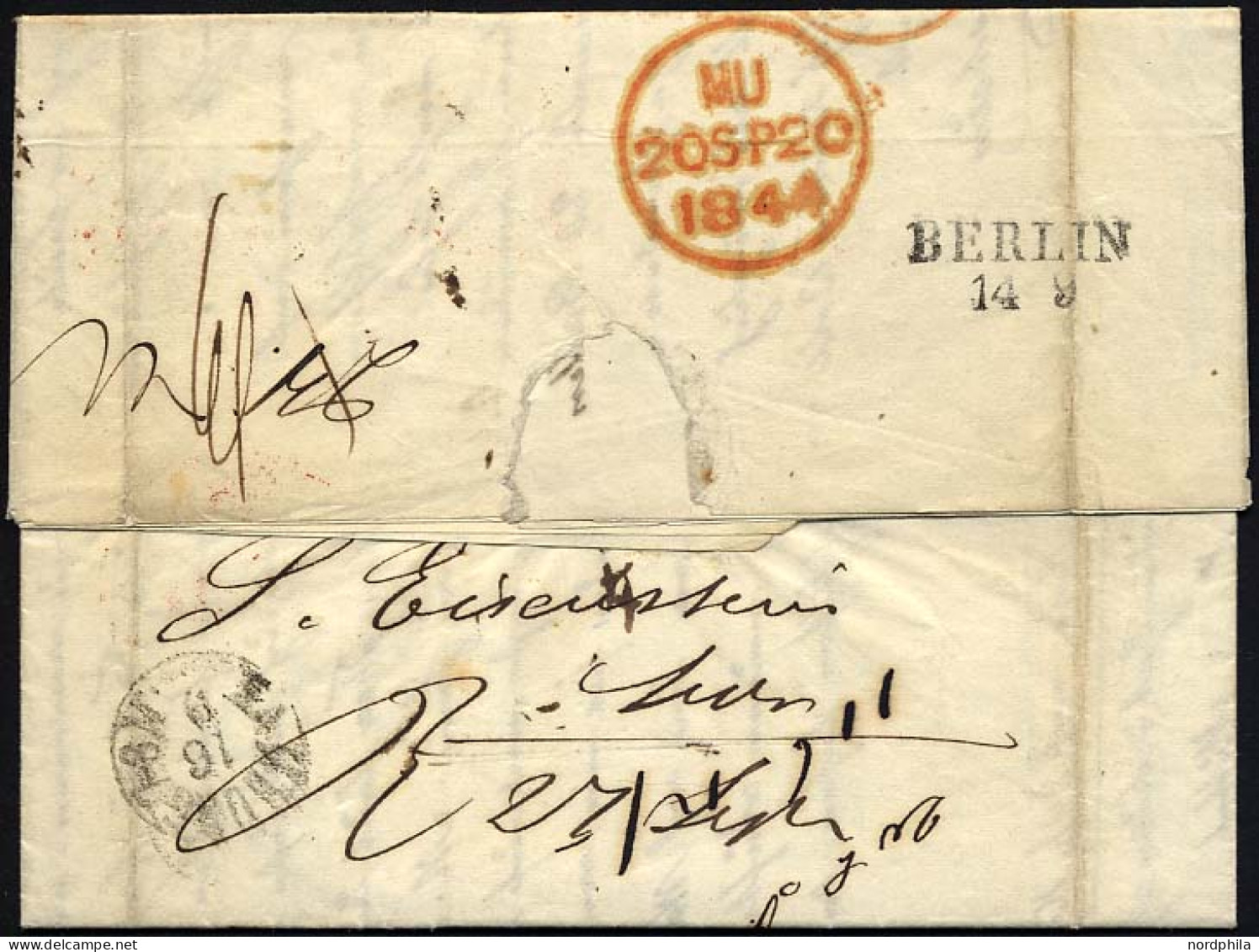 HAMBURG - GRENZÜBERGANGSSTEMPEL 1844, T 17 SEP, In Rot Auf Brief Von Meuritz (Polen) Nach London, Roter, Nicht Lesbarer  - Prephilately