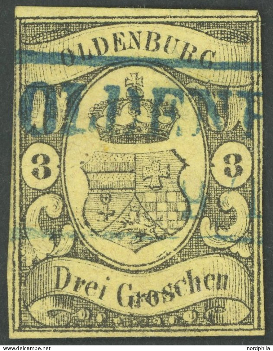 OLDENBURG 8 O, 1859, 3 Gr. Schwarz Auf Graugelb, Blauer R2, Links Oben Leicht Berührt Sonst Pracht, Kurzbefund Berger, M - Oldenbourg