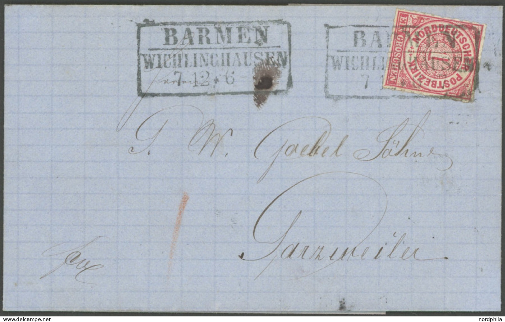 NDP 4 BRIEF, 1868, 1 Gr. Mittelrötlichkarmin Mit R3 BARMEN WICHLINGHAUSEN Auf Prachtbrief Nach Ganzweiler - Cartas & Documentos