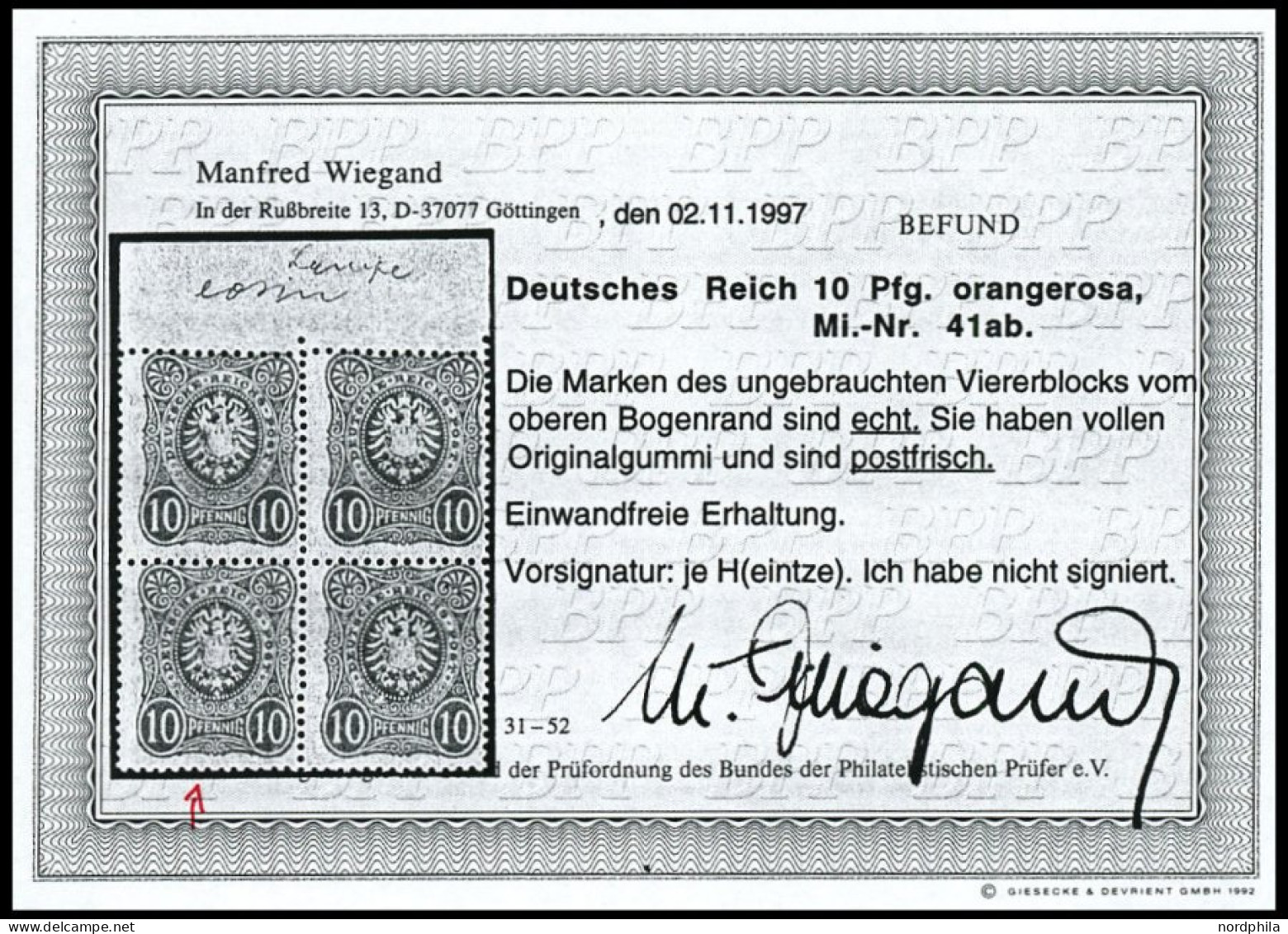 Dt. Reich 41ab , 1880, 10 Pf. Eosin, Postfrisch, Pracht, Attestkopie Wiegand Eines Ehemaligen Viererblocks, Mi. 80.- - Neufs