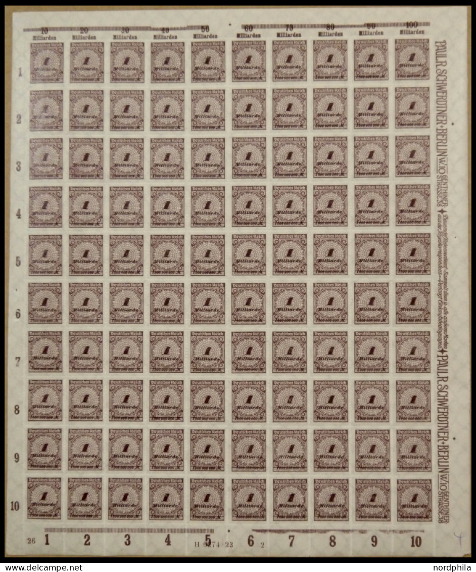 Dt. Reich 325B , 1923, 1 Mrd. M. Dunkelsiena, Durchstochen, Im Bogen (100), Plattendruck B, Postfrisch, Pracht - Autres & Non Classés