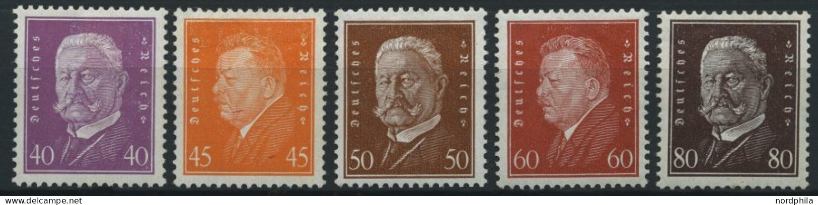 Dt. Reich 418-22 , 1928, 40 - 80 Pf. Reichspräsidenten, Falzreste, 5 Prachtwerte, Mi. 90.- - Neufs