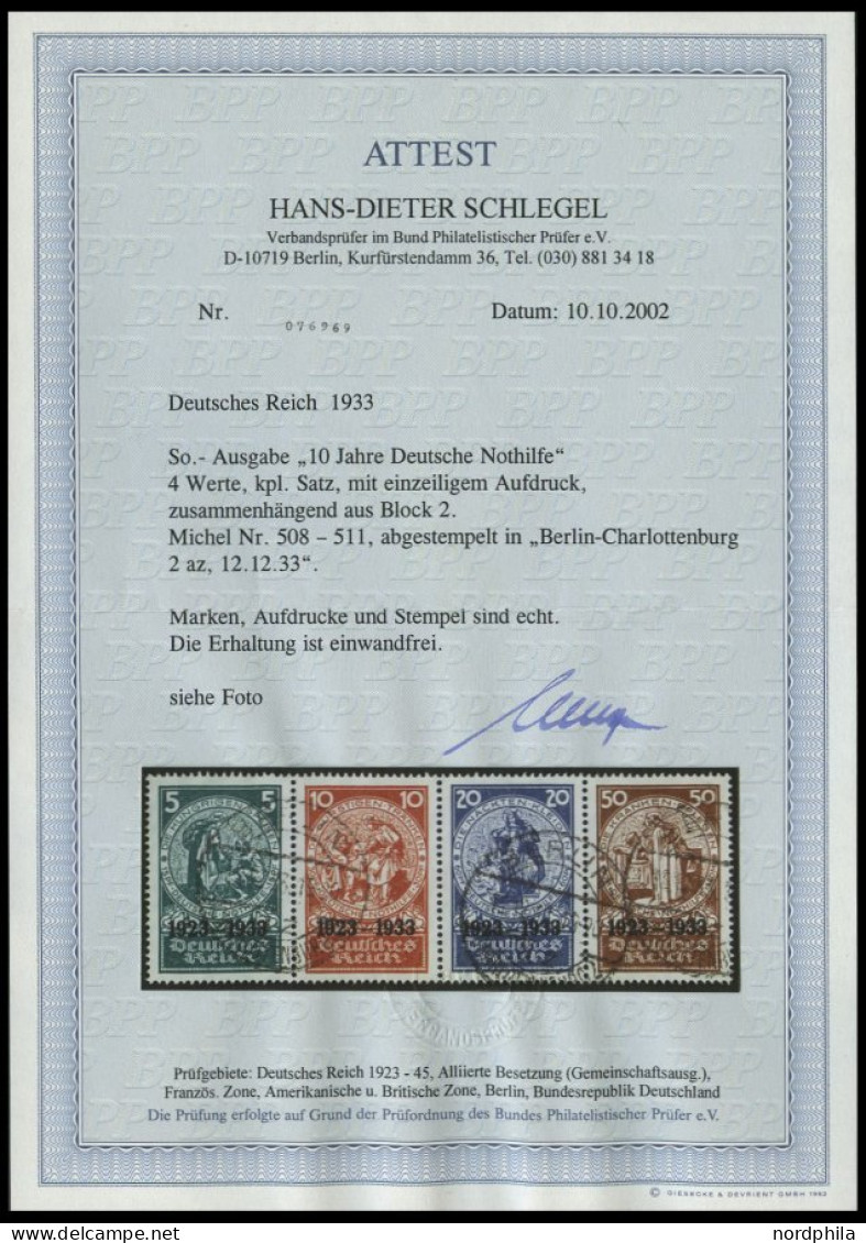 Dt. Reich 508-11 O, 1933, Nothilfe Im Viererstreifen, Pracht, Fotoattest H.D. Schlegel, Mi. (2000.-) - Gebraucht