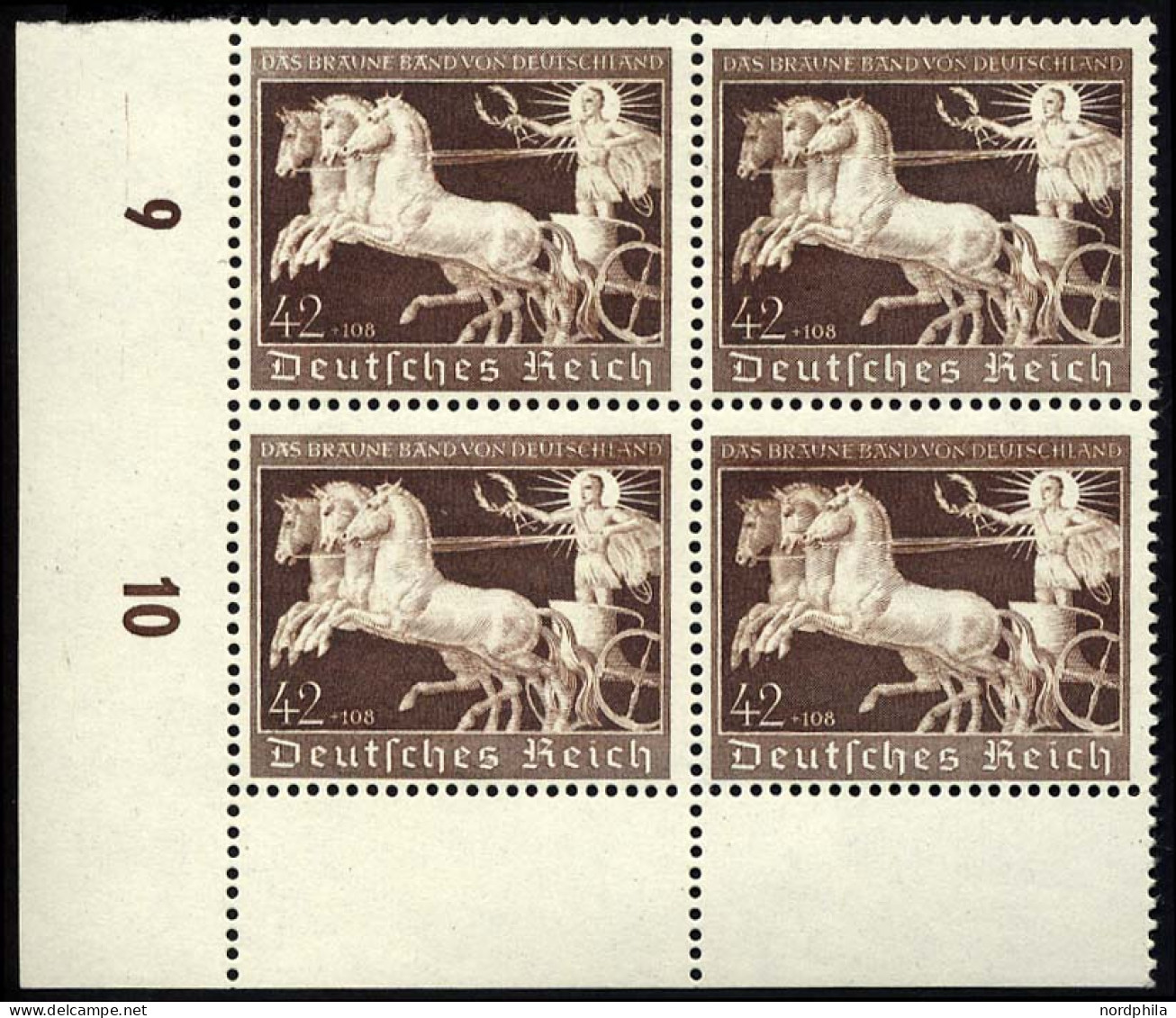 Dt. Reich 747 VB , 1940, 42 Pf. Braunes Band Im Unteren Linken Eckrandviererblock, Pracht, Mi. (480.-) - Unused Stamps