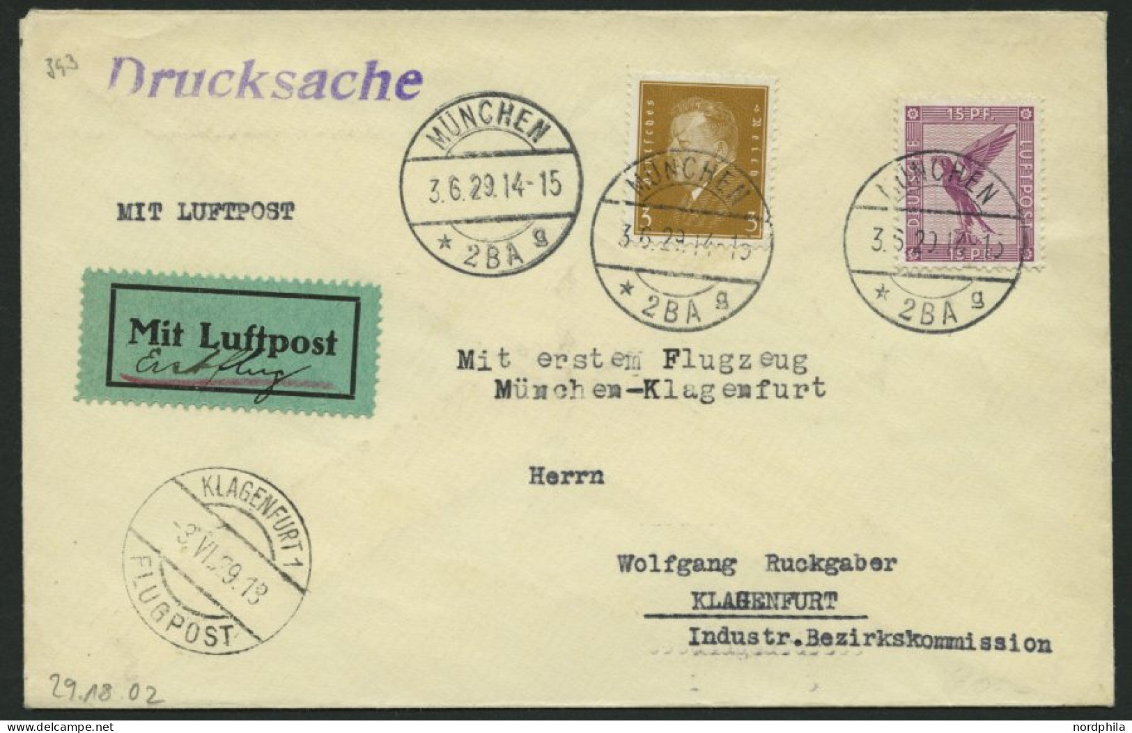 ERST-UND ERÖFFNUNGSFLÜGE 29.18.02 BRIEF, 3.6.1929, München-Klagenfurth, Prachtbrief - Zeppelins