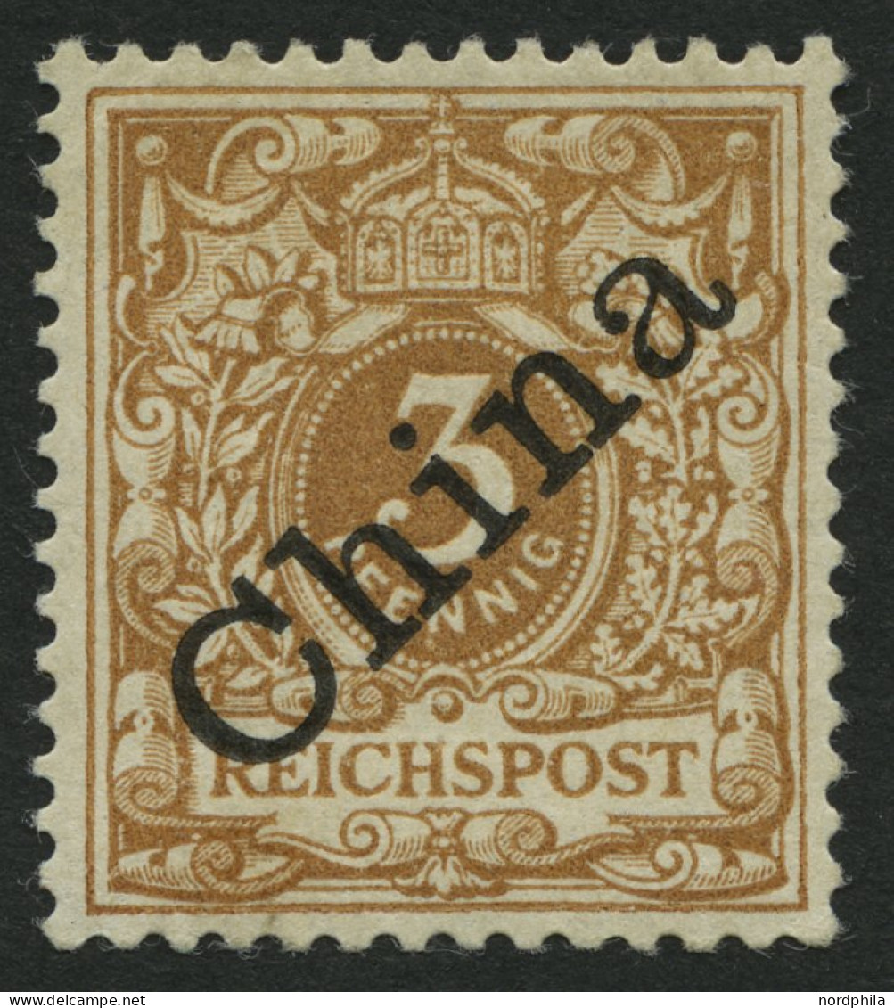 DP CHINA 1Id , 1898, 3 Pf. Hellocker Diagonaler Aufdruck, Falzrest, Pracht, R!, Fotoattest Jäschke-L., Mi. 800.- - Chine (bureaux)