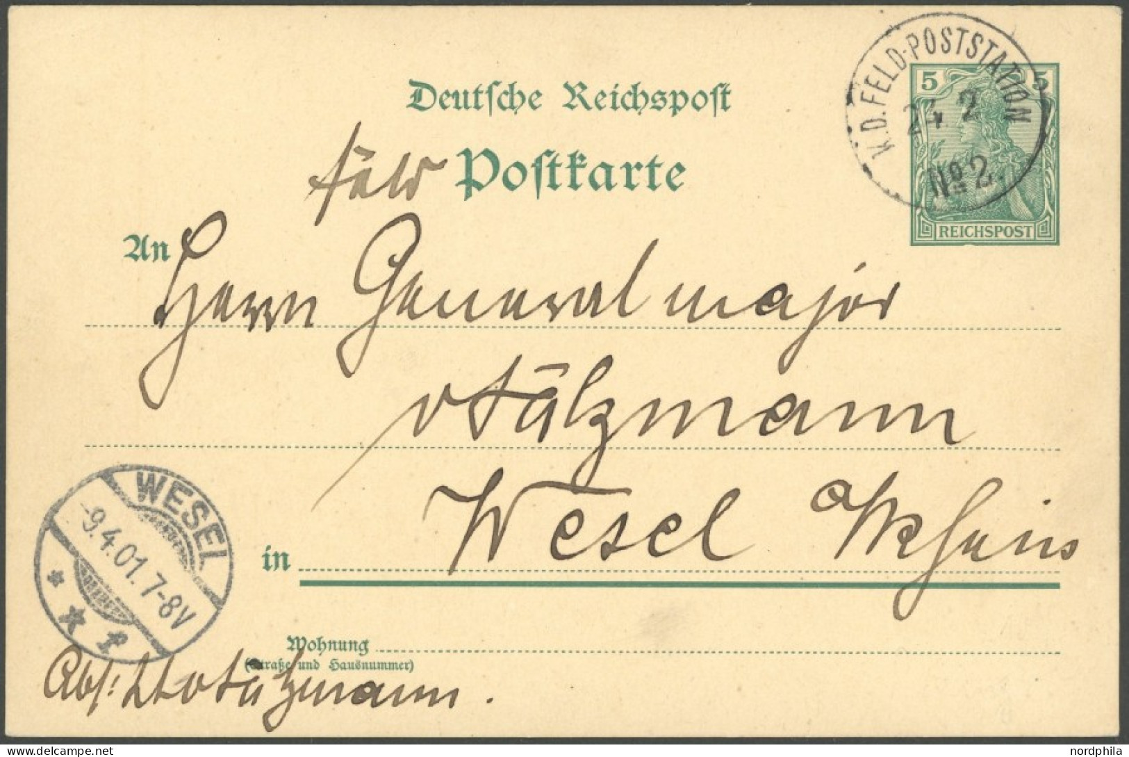 DP CHINA AP 50 BRIEF, Petschili: 1901, 5 Pf. Reichspost - Ganzsachenkarte Mit Stempel K.D. FELDPOSTSTATION Nr. 2 Nach We - Deutsche Post In China