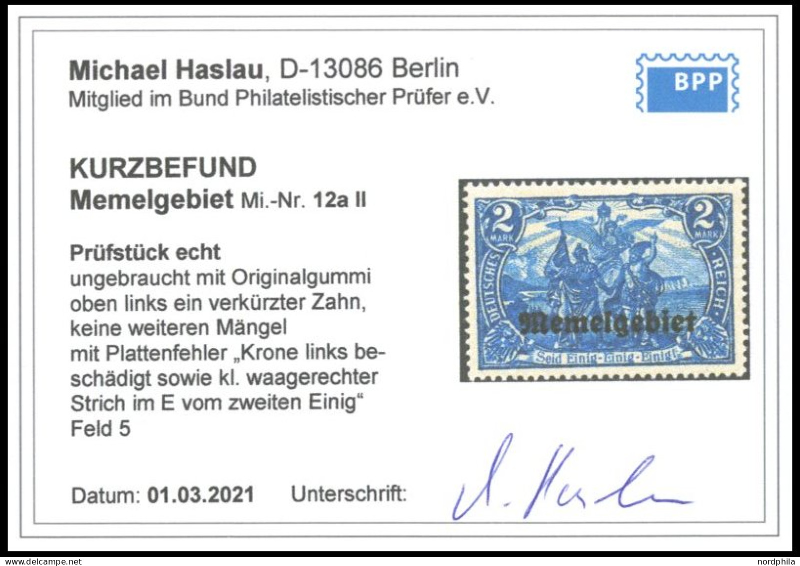 MEMELGEBIET 12aII , 1920, 2 M. Blau Mit Plattenfehler Krone Links Beschädigt Sowie Kleiner Waagerechter Strich Im E Von  - Memel (Klaïpeda) 1923