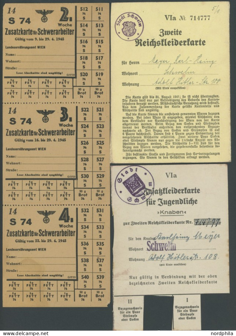 DT. GESCHICHTE/PROPAGANDA 1919-45 Reichskleiderkarte Und Zusatzkleiderkarte Für Knaben Aus SCHWELM Sowie Zusatzlebensmit - Lettres & Documents