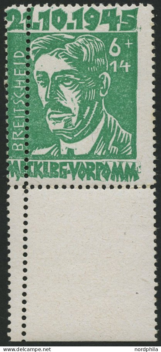 MECKLENBURG-VORPOMMERN 20a , 1945, 6 Pf. Hellgrün Faschismus Mit Senkrechter Doppelzähnung, Unterrandstück, Pracht - Sonstige & Ohne Zuordnung