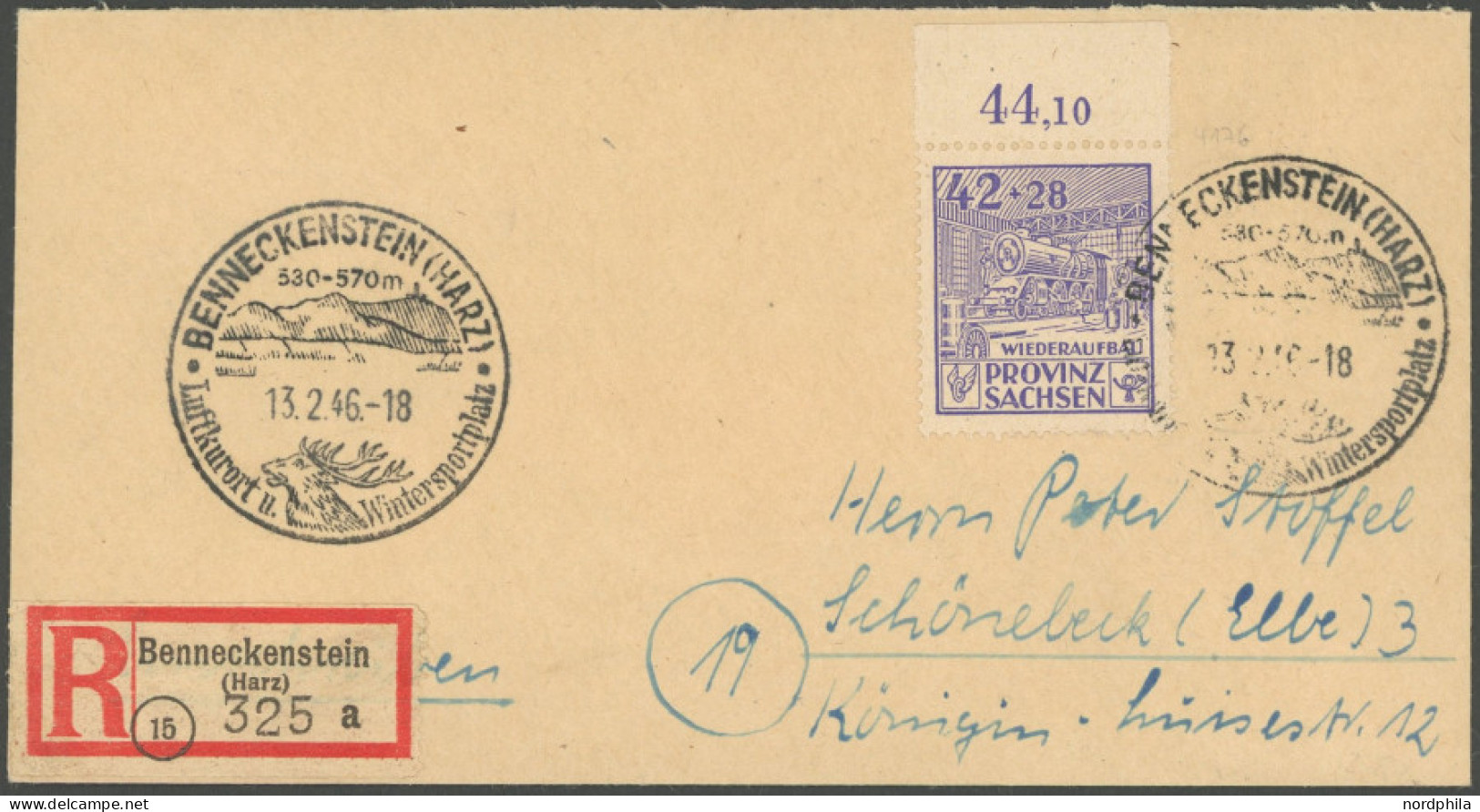 PROVINZ SACHSEN 89A BRIEF, 1946, 42 Pf. Wiederaufbau, Gezähnt, Oberrandstück, Einzelfrankatur Auf Einschreibbrief Mit So - Autres & Non Classés