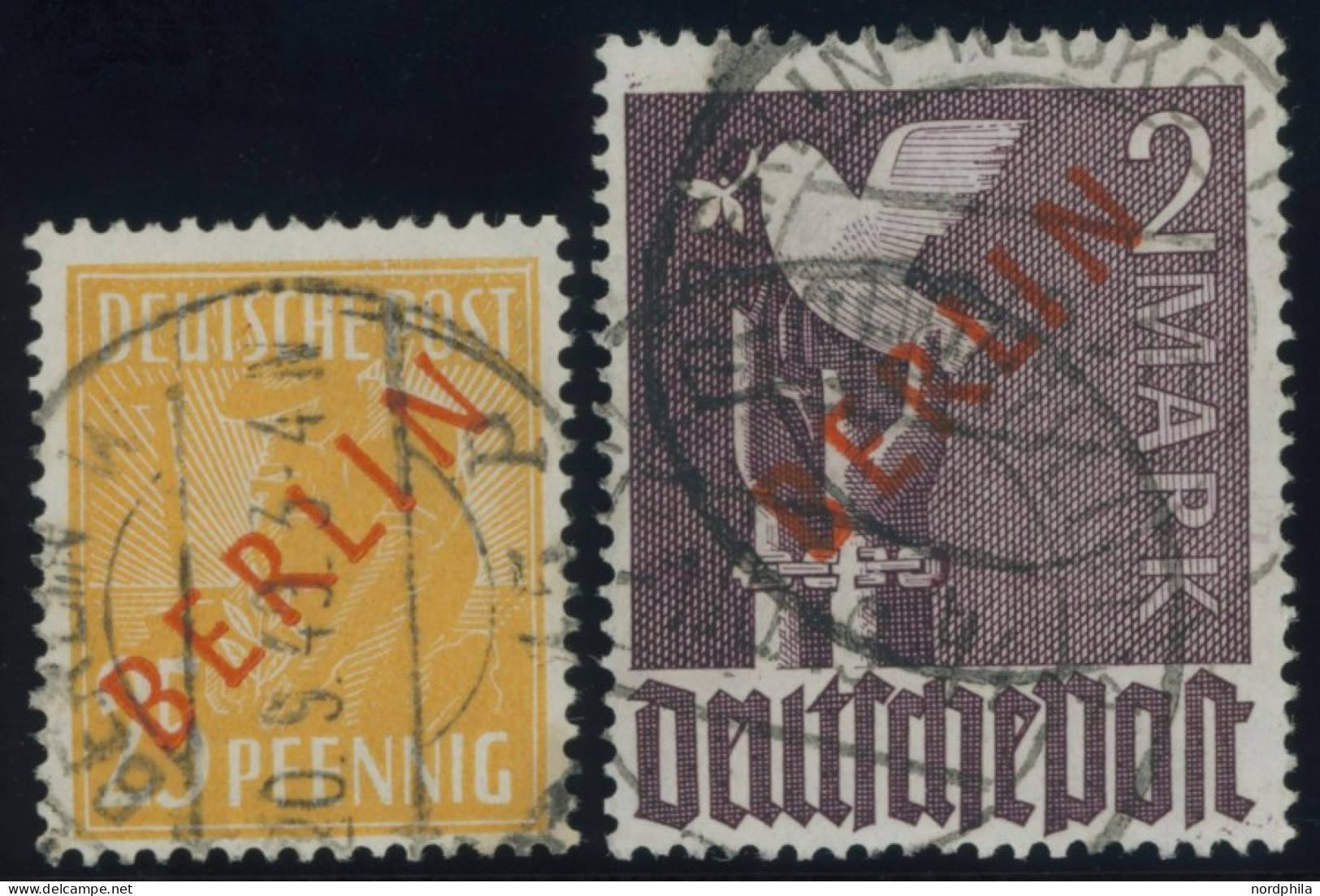 BERLIN 27,34 O, 1949, 25 Pf. Und 2 M. Rotaufdruck, Normale Zähnung, 2 Prachtwerte, Gepr. Schlegel, Mi. 335.- - Autres & Non Classés