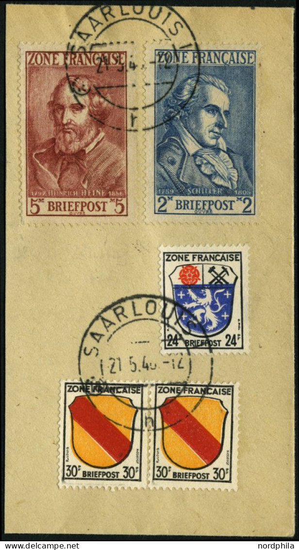 ALLGEMEINE AUSGABEN 12/3 BrfStk, 1945, 2 M. Schiller Und 5 M. Heine Mit Zusatzfrankatur Auf Briefstück, Stempel SAARLOUI - Autres & Non Classés