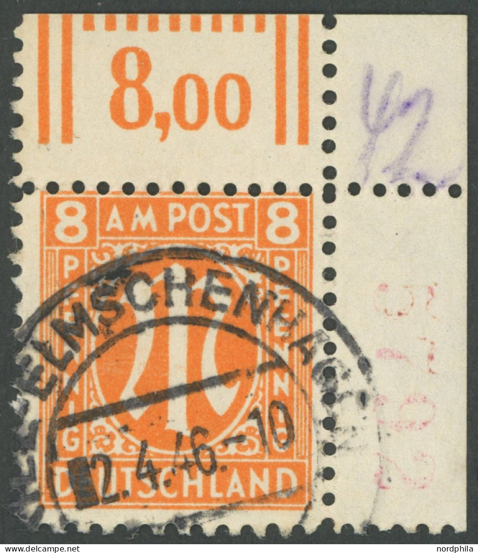 AMERIK. U. BRITISCHE ZONE 21Dz R4 O, 1945, 8 Pf. Rötlichorange, Gezähnt L 111/2, Mit Roter Nummer, 4 Ziffern, Pracht, R! - Sonstige & Ohne Zuordnung