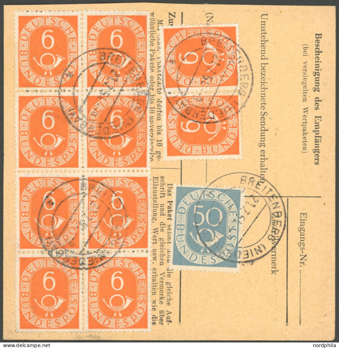 BUNDESREPUBLIK 126 BRIEF, 1954, 6 Pf. Posthorn Im Achterblock Und Waagerechten Paar Und 50 Pf. Posthorn Zusatzfrankatur  - Other & Unclassified