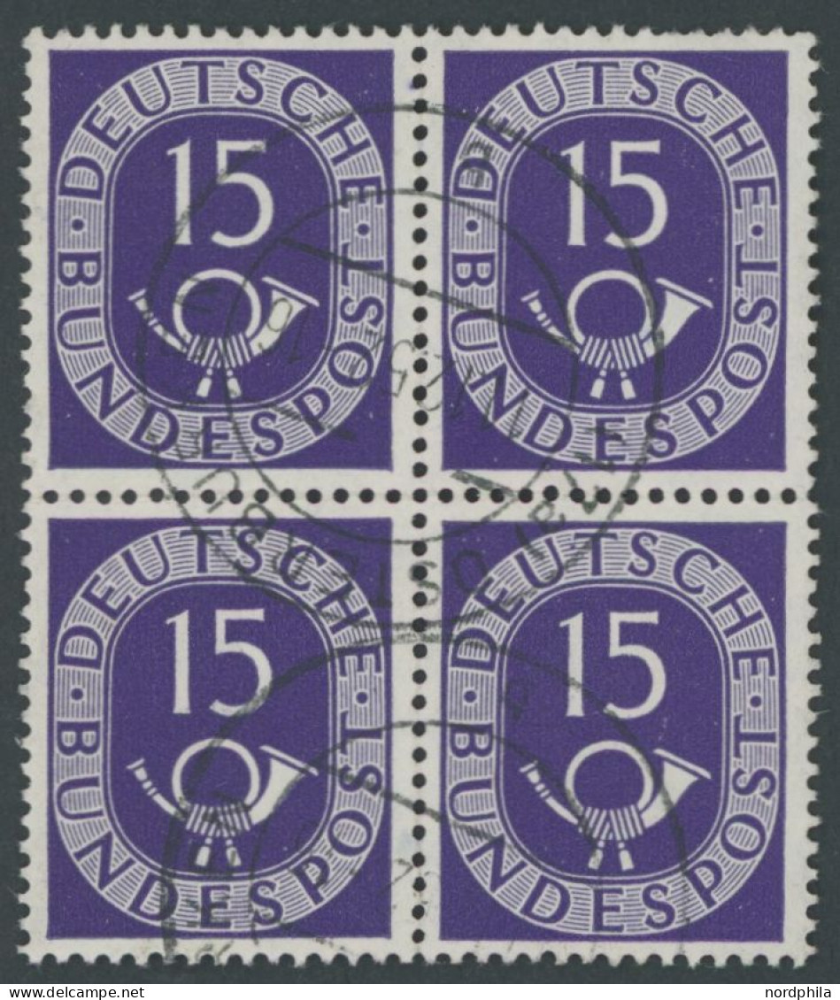 BUNDESREPUBLIK 129 VB O, 1951, 15 Pf. Posthorn Im Viererblock, Obere Rechte Marke Ein Paar Kurze Zähne Sonst Pracht - Used Stamps