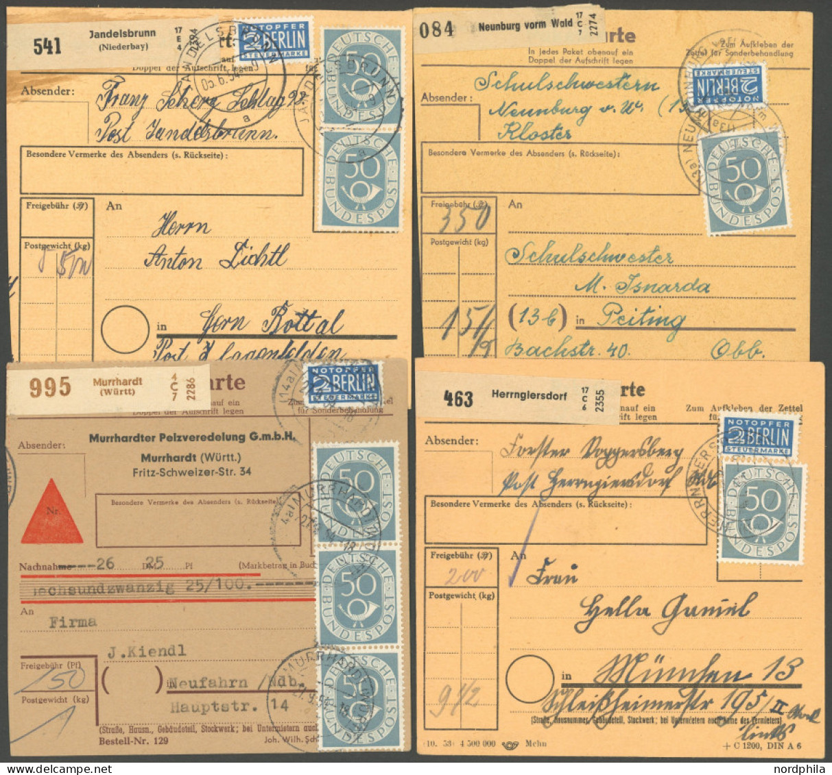 BUNDESREPUBLIK 134 BRIEF, 1954, 50 Pf. Posthorn Auf 4 Paketkarten Mit Verschiedenen Mehrfachfrankaturen (2,3,4 Und 7 Mar - Autres & Non Classés