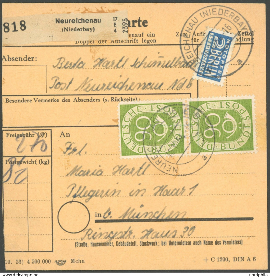 BUNDESREPUBLIK 138 BRIEF, 1954, 90 Pf. Posthorn, 3x Als Mehrfachfrankatur Auf Paketkarte Aus NEUREICHENAU, Feinst (1 Wer - Other & Unclassified