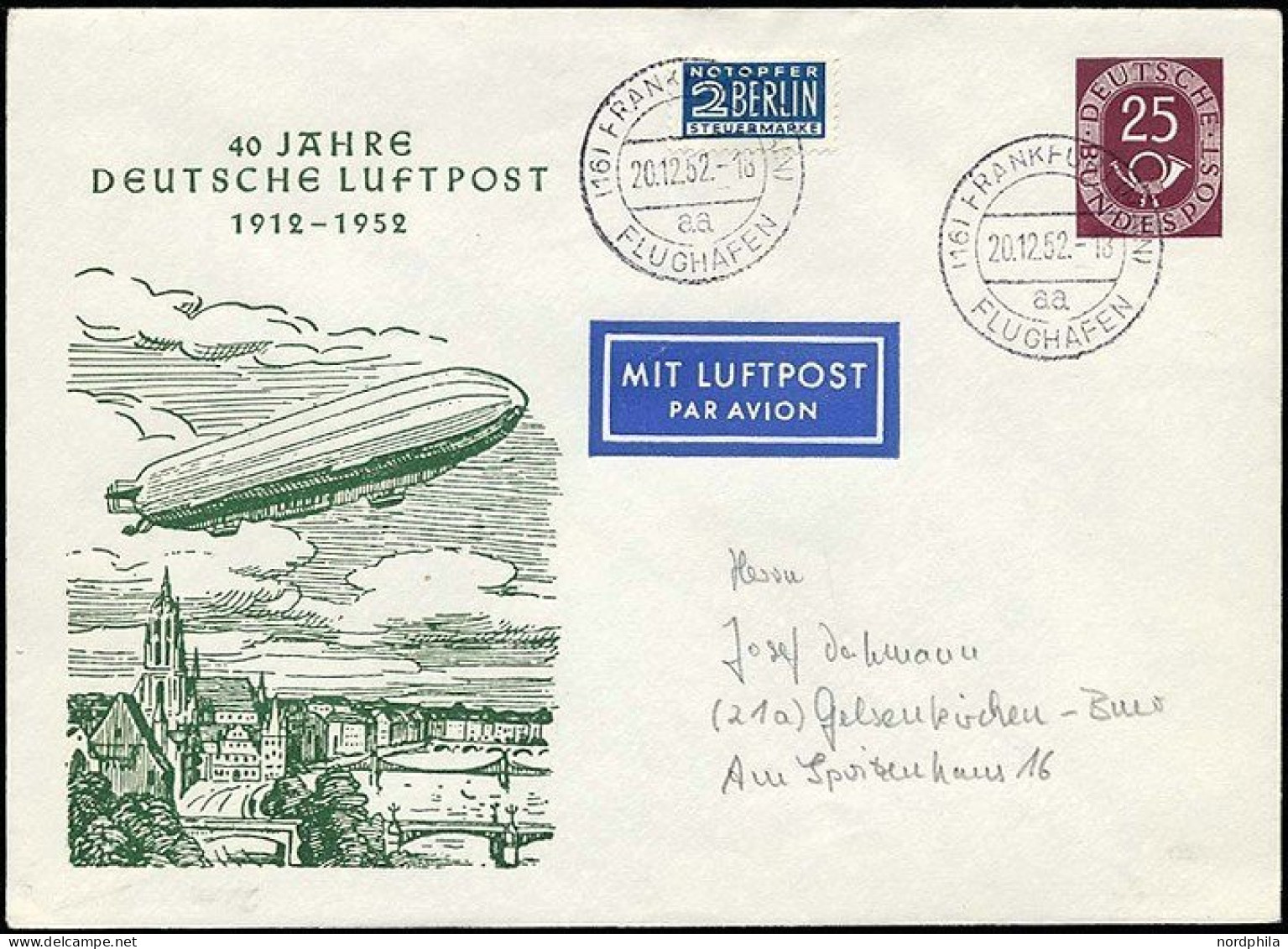 GANZSACHEN PU 4/3 BRIEF, 1952, Privat-Ganzsachenumschlag 25 Pf. Posthorn, 40 Jahre Deutsche Luftpost, Gebraucht, Pracht - Autres & Non Classés