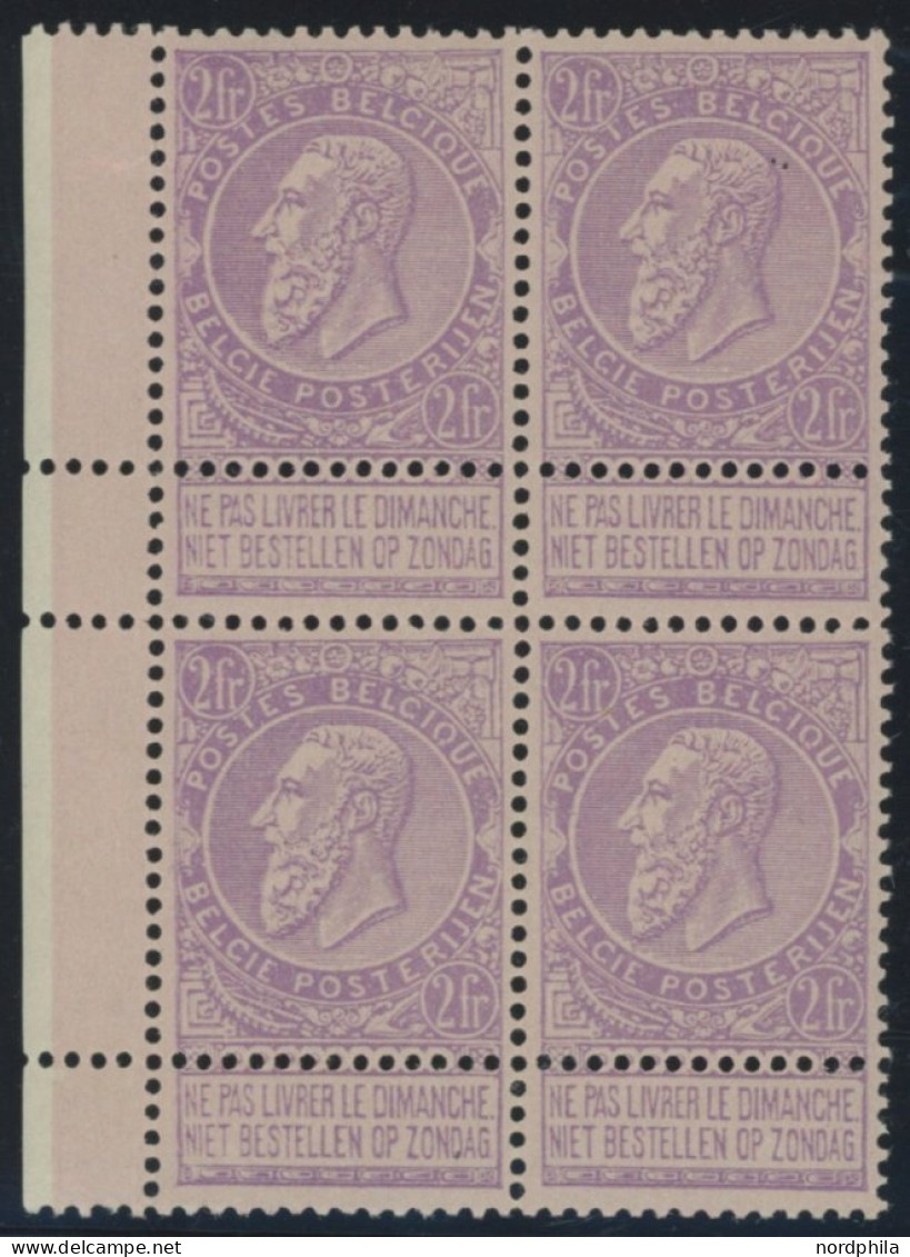 BELGIEN 59 VB , 1893, 2 Fr. Lila Auf Blaßrosa Im Postfrischen Randviererblock, Kabinett, R! - 1893-1900 Thin Beard