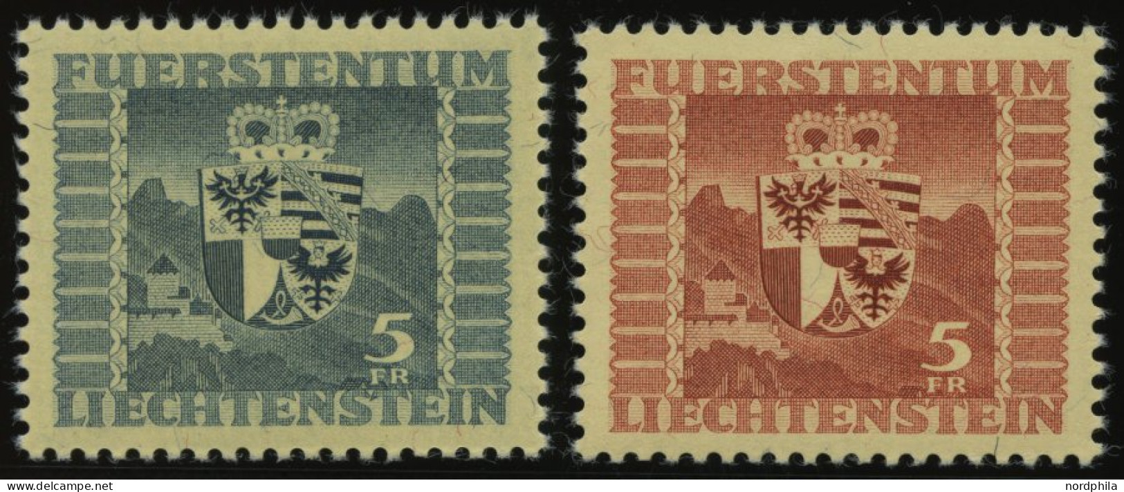 LIECHTENSTEIN 243,252 , 1945/7, 5 Fr. Wappen, 2 Prachtwerte, Mi. 79.- - Sonstige & Ohne Zuordnung