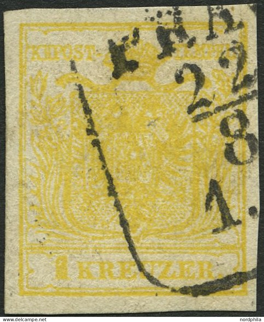 ÖSTERREICH 1Ya O, 1854, 1 Kr. Gelb, Maschinenpapier, Type III, R4 PRA(G), Pracht, Fotobefund Dr. Ferchenbauer, Mi. 120.- - Gebraucht