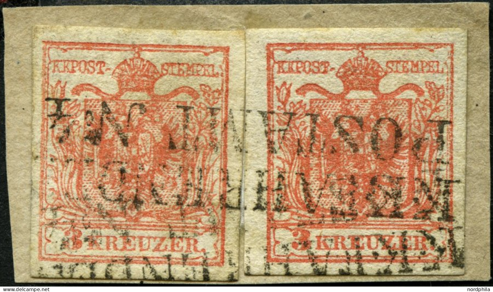 ÖSTERREICH 3X BrfStk, 1850, 3 Kr. Karmin, Handpapier, Type IIIa, 2x Auf Briefstück, Mit L2 K.K. FAHRENDES POSTAMT Nr. 4  - Oblitérés