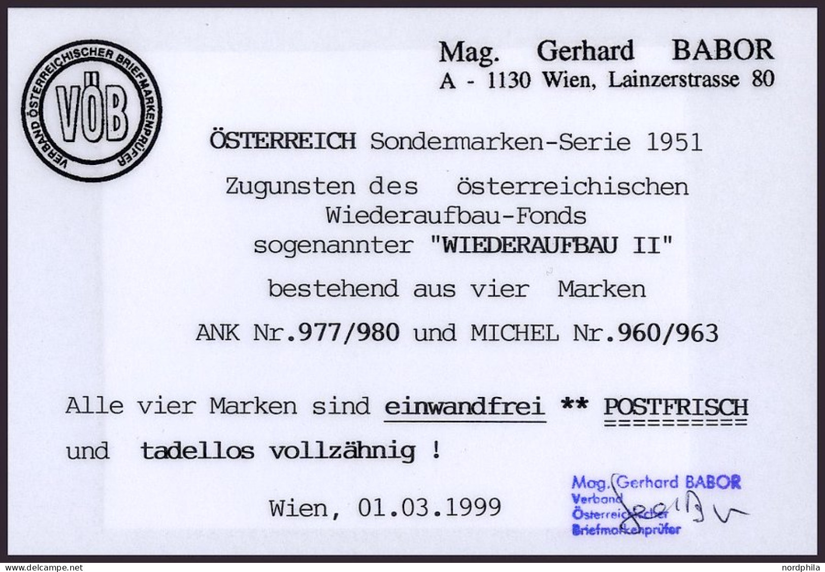 ÖSTERREICH 960-63 , 1951, Wiederaufbau, Prachtsatz, Fotobefund Babor, Mi. 80.- - Gebraucht