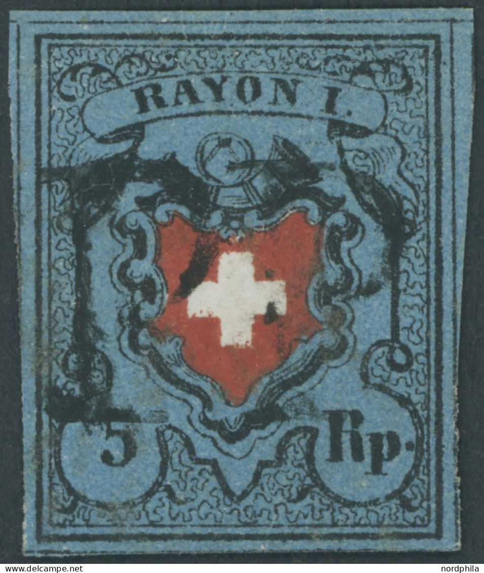 SCHWEIZ BUNDESPOST 7II O, 1850, 5 Rp. Schwarz/zinnoberrot Auf Blau, Ohne Kreuzeinfassung, Zentrischer P.P., Voll-riesenr - Other & Unclassified