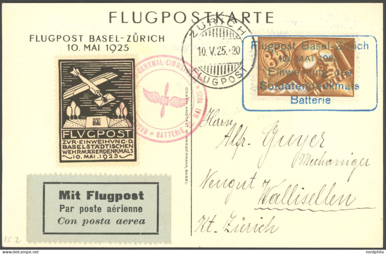 LUFTPOST SF 25.2 BRIEF, 10.5.1925, Flugpost BASEL-ZÜRICH, Sonderkarte Mit Vignette Und Mi.Nr. 181, Prachtkarte - First Flight Covers