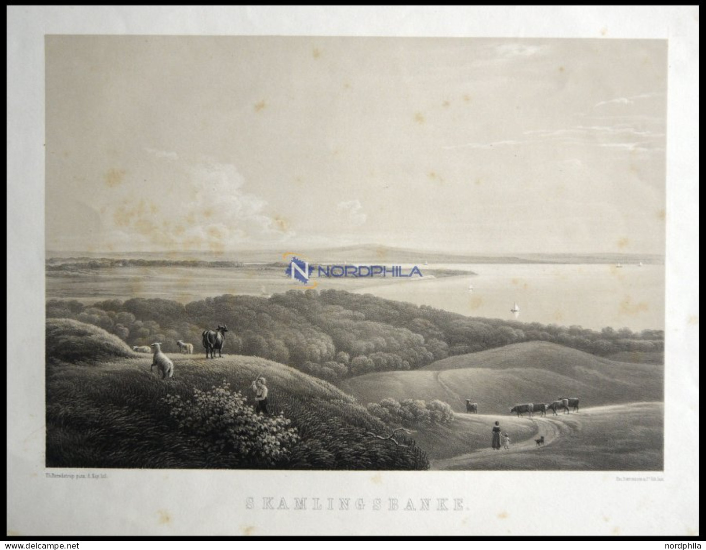 SKAMLINGSBANKE (Skamlingsbanke), Landschaft Mit Fluß Und Kleiner Tierherde Im Vordergrund, Lithographie Mit Tonplatte Vo - Lithographien