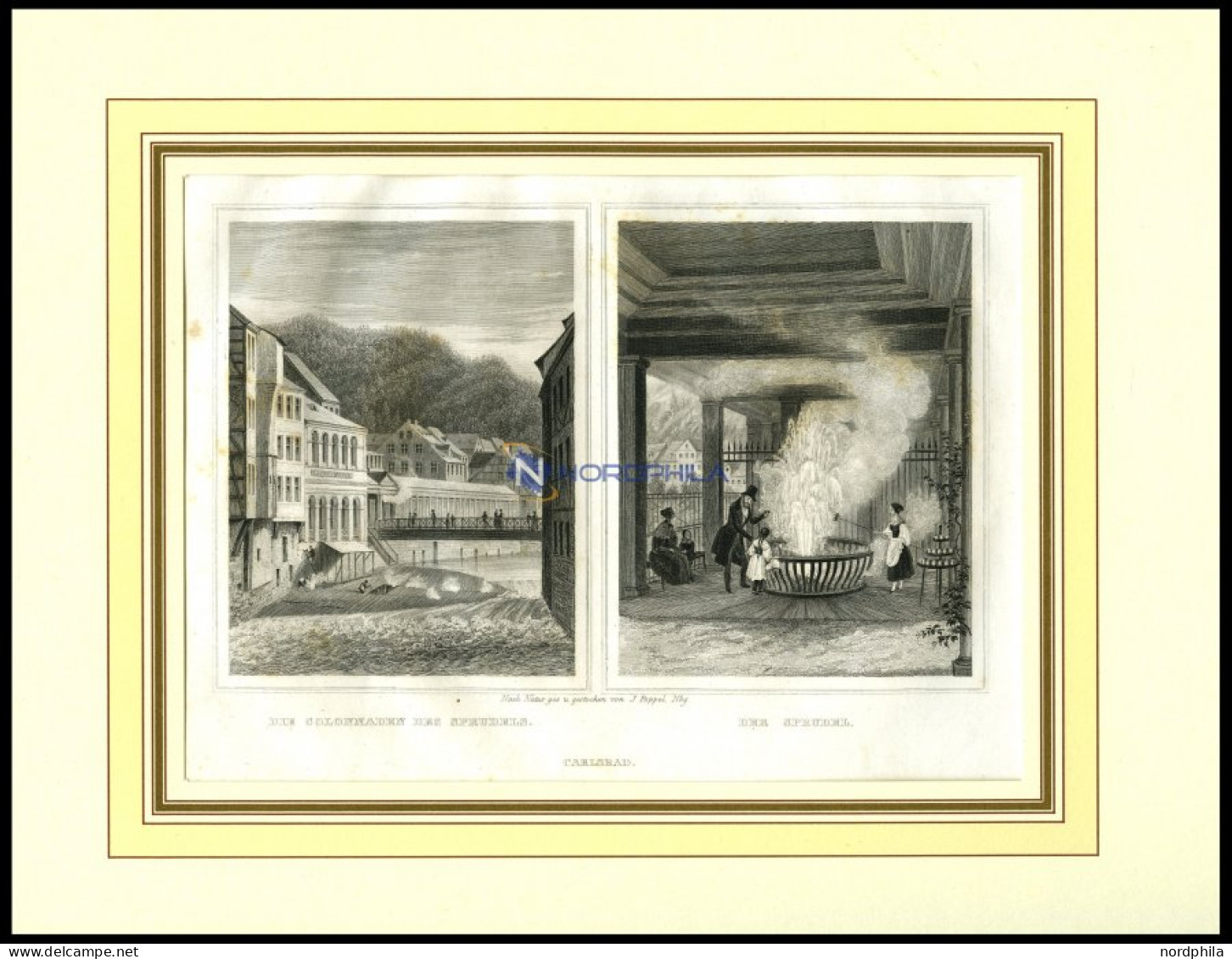 KARLSBAD: Die Colonnaden Des Sprudels Und Der Sprudel, 2 Ansichten Auf Einem Blatt, Stahlstich Von Poppel, 1840 - Lithographien