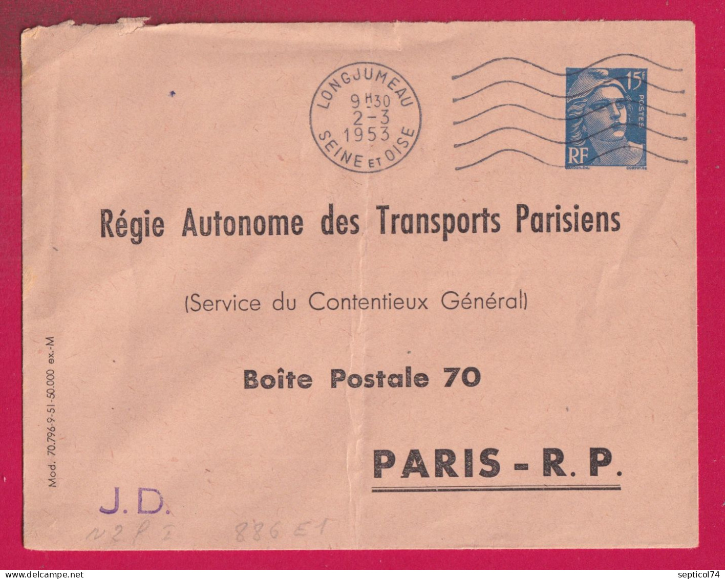 ENTIER 15F BLEU GANDON TSC RATP DEPART LONGJUMEAU 1953 POUR PARIS LETTRE - Standard Covers & Stamped On Demand (before 1995)