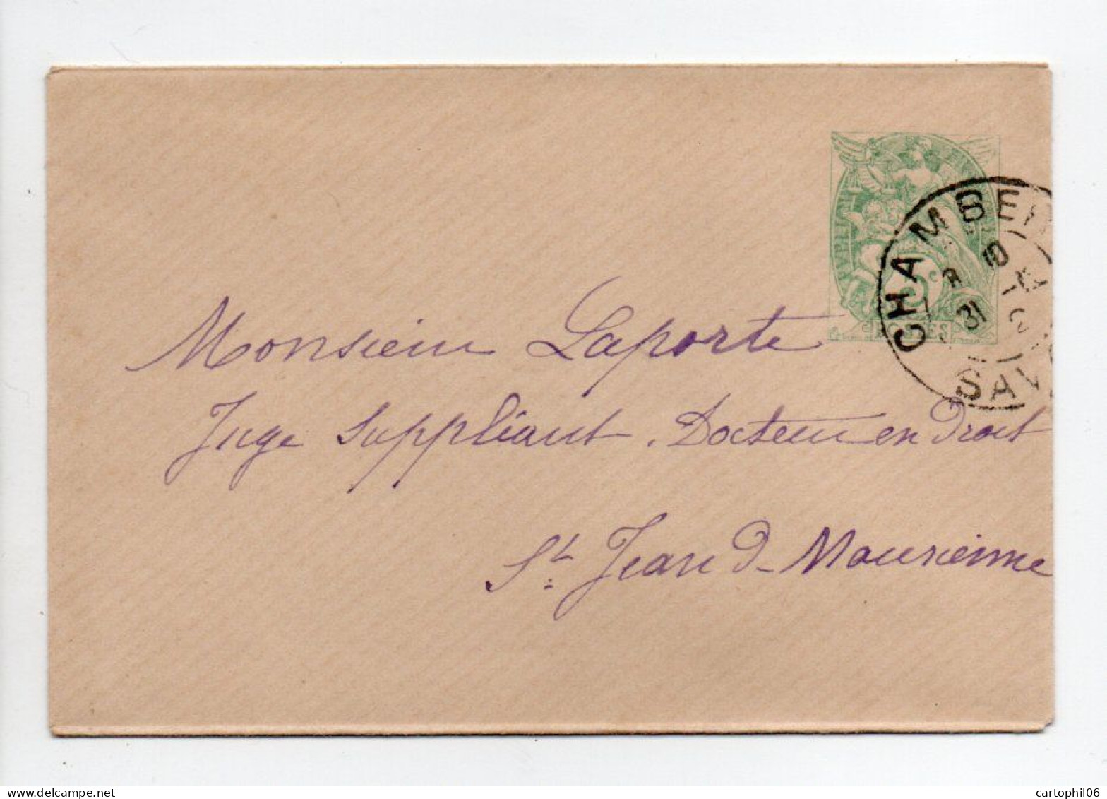 - Entier Postal CHAMBERY Pour SAINT-JEAN-DE-MAURIENNE (Savoie) 31.12.1902 - 5 C. Vert-jaune Type Blanc - Date 226 - - Standard Covers & Stamped On Demand (before 1995)