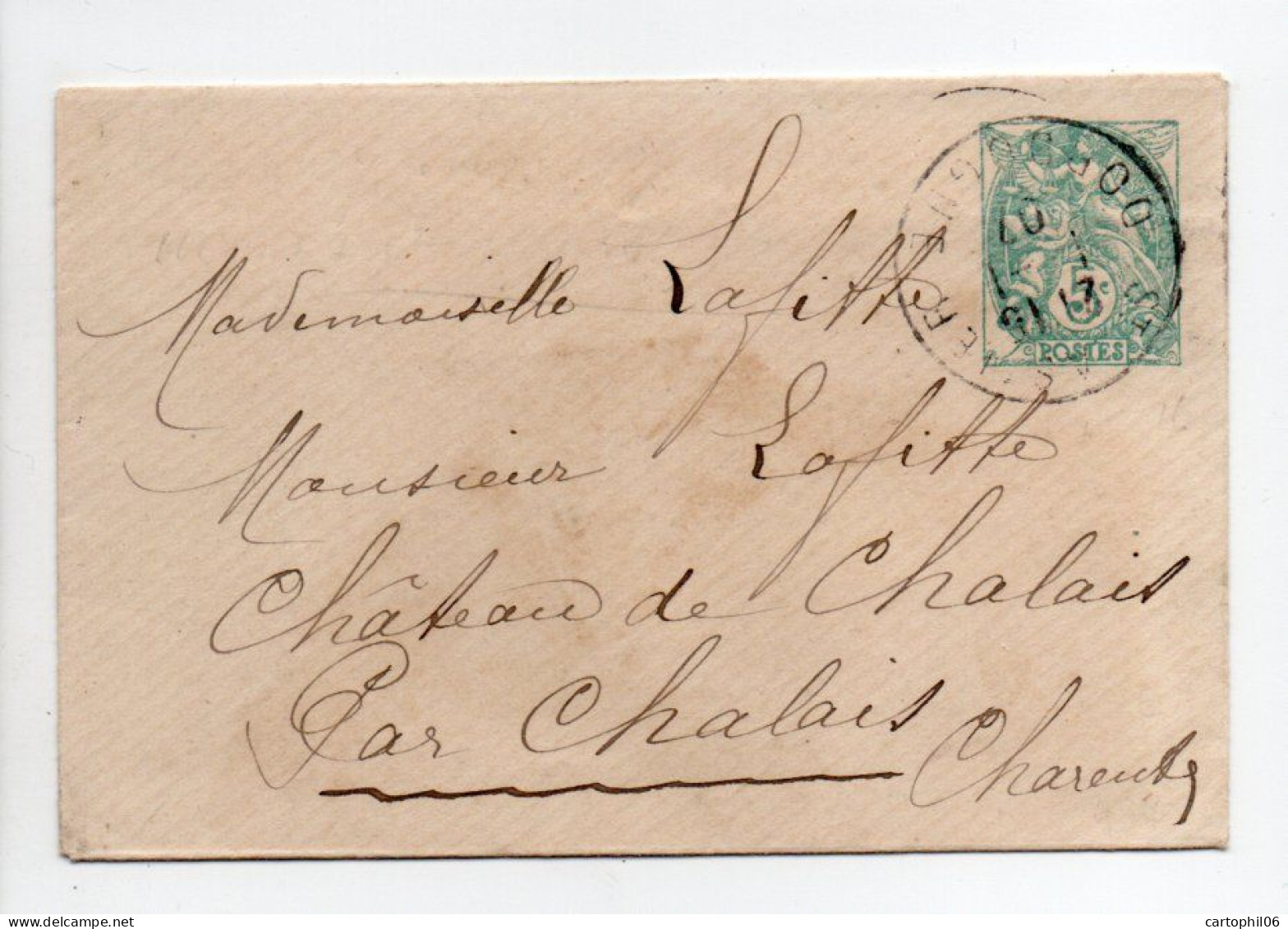 - Entier Postal SAINT-ASTIER (Dordogne) Pour CHALAIS (Charente) 1.1.1907 - 5 C. Vert-bleu Type Blanc - Date 434 - - Standard Covers & Stamped On Demand (before 1995)