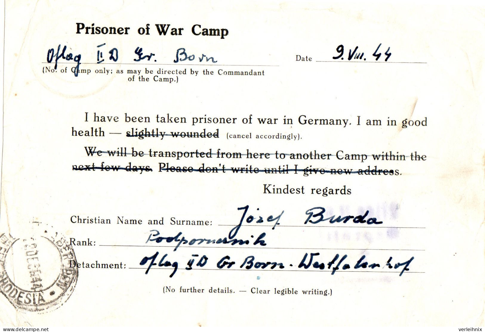 Kriegsgefangenenpost An Polish Camp In Nordrhodesien Vom OFLAG II D 11.08.1944 - Prigionieri