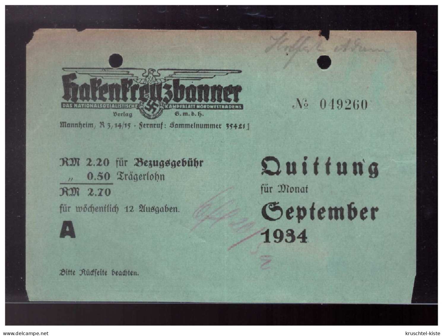 Dt- Reich (023837) Rechnung Bezugsgebühr, Trägerlohn Hakenkreuzbanner Quittung September 1934, RS Anzeigen- Werbung - 1900 – 1949