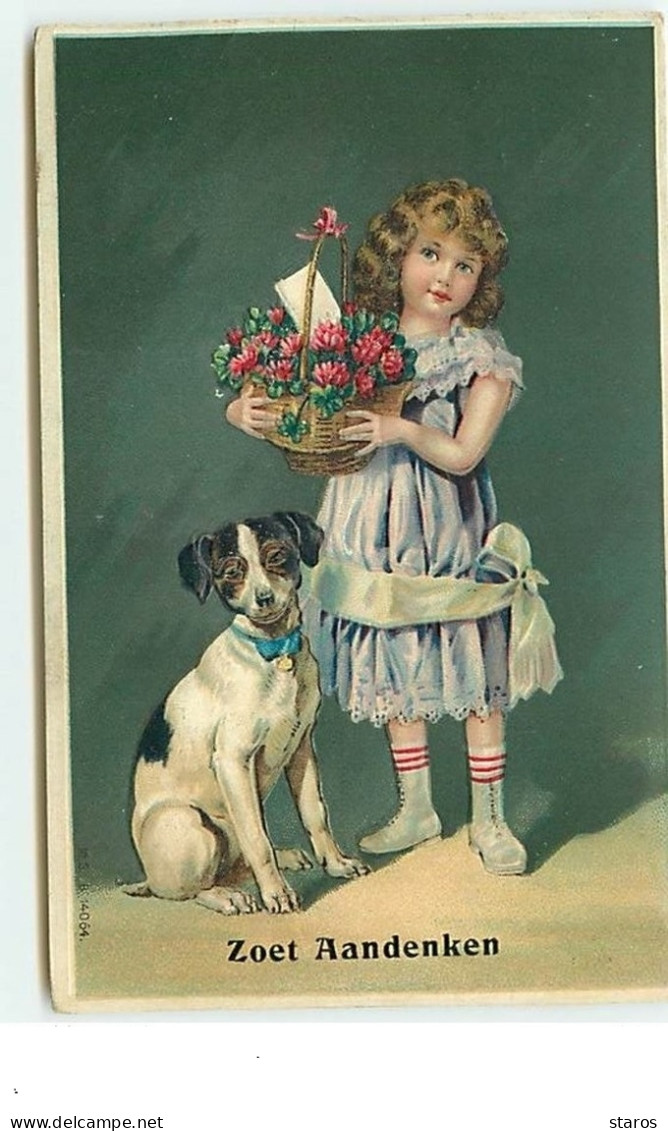 Carte Gaufrée - Zoet Aaendenken - Fillette Portant Un Panier Rempli De Fleurs Avec Un Chien à Ses Côtés - Geburtstag