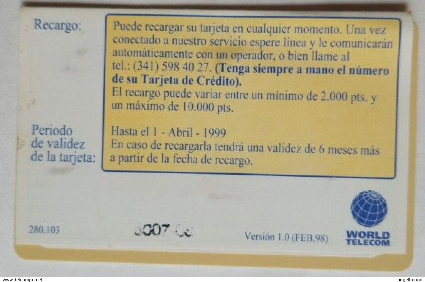 Spain World Telecom 5000 Pta. Prepaid - Travel Access Card ( Old Maps ) - Emissioni Di Base